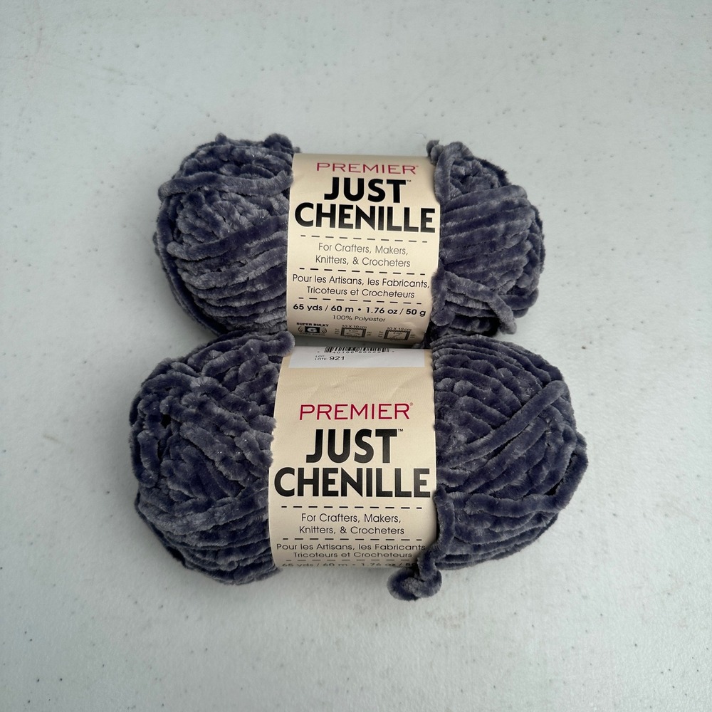 Premier Just Chenille Gray Super Bulky Polyester Yarn 2 Skeins 65 Yards Each